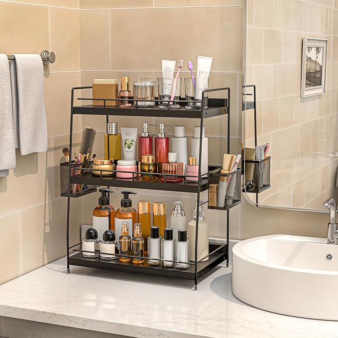 BSTSLL Bathroom Counter Organizer,Bathroom Countertop Organizer with Baskets,Vanity Organizers,Counter Shelf,Countertop Storage, Makeup Organizers(Black)