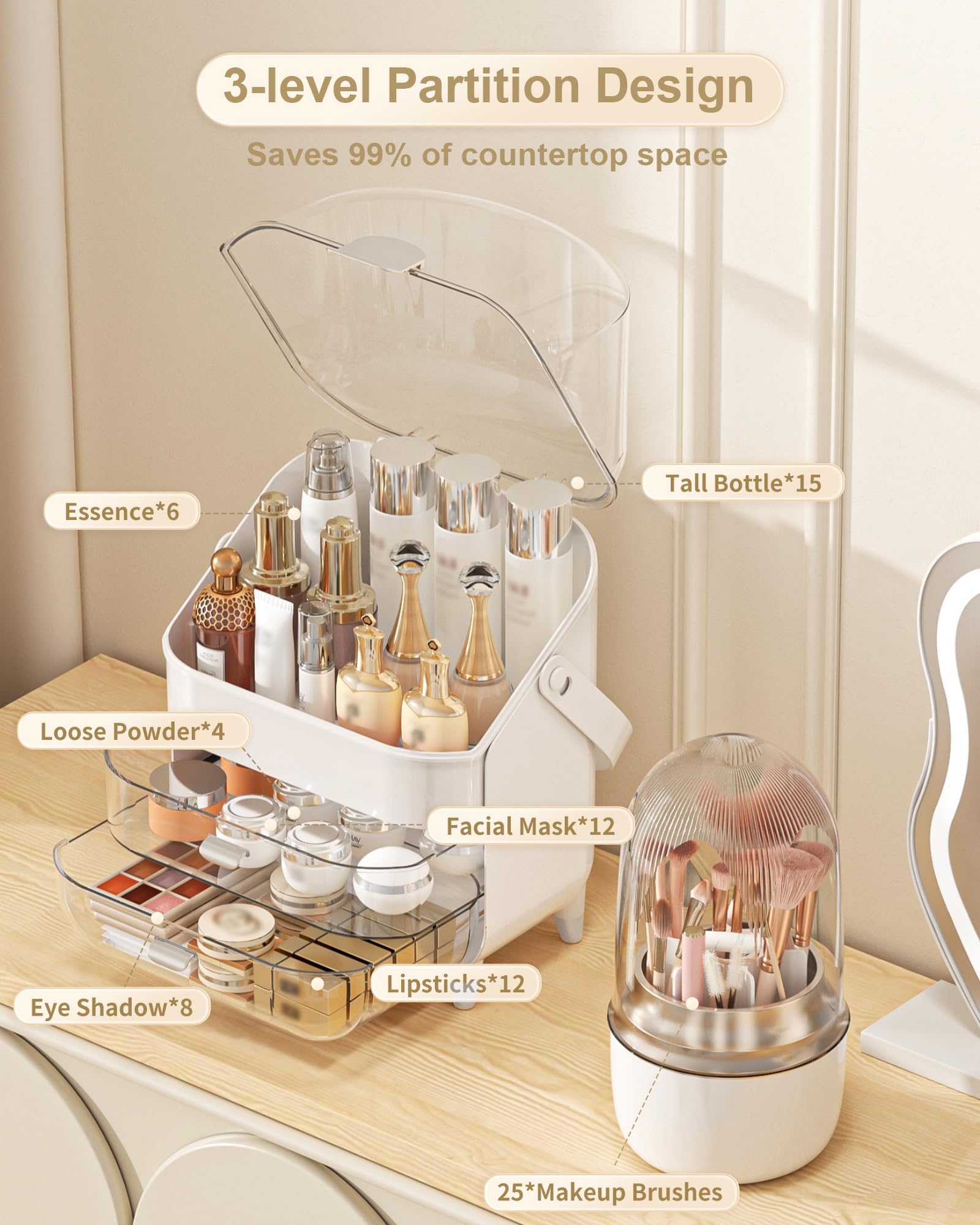 Makeup Organizer Countertop, Skincare Holder Bathroom Counter Organizer, Storage Box Cosmetic Display Cases, Teen Girl Gifts Make up Organizers (Sliver/Brush)