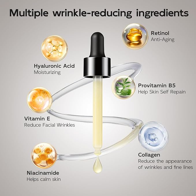 Retinol Serum for Face & Neck, Anti Aging B5 Resurfacing Face Serum with Niacinamide + Collagen + Hyaluronic Acid, Smooths Wrinkles & Fine Lines, Dark Spot Corrector, Brighten Dullness