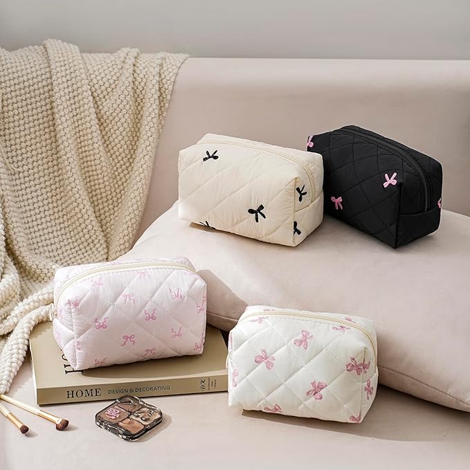 RSRSLEII 2 Pcs Quilted Cotton Makeup Bag Set, Small Aesthetic Cosmetic Bag with Bow Pattern, Cute Makeup Pouch for Purse, Kawaii Trendy Preppy Travel Toiletry Bag for Women and Girls(19 Pink Bow Set)