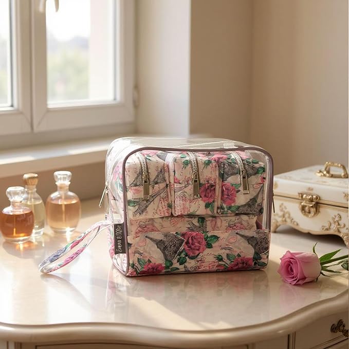 Emma & Chloe Travel Toiletry Bags for Women, 5 Piece Waterproof Cosmetic Case, Bag, Pouch Makeup Organizer Set for Women, Home Counters (Paris Rose Postcards)