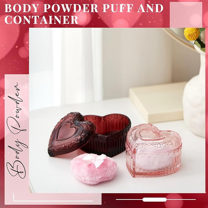 Tioncy 4 Pcs Large Body Powder Puff and Container Extra Large Body Powder Puff Dish Soft Washable Reusable Fluffy Makeup Sponge Wet Dry (Heart,Pink and Red)
