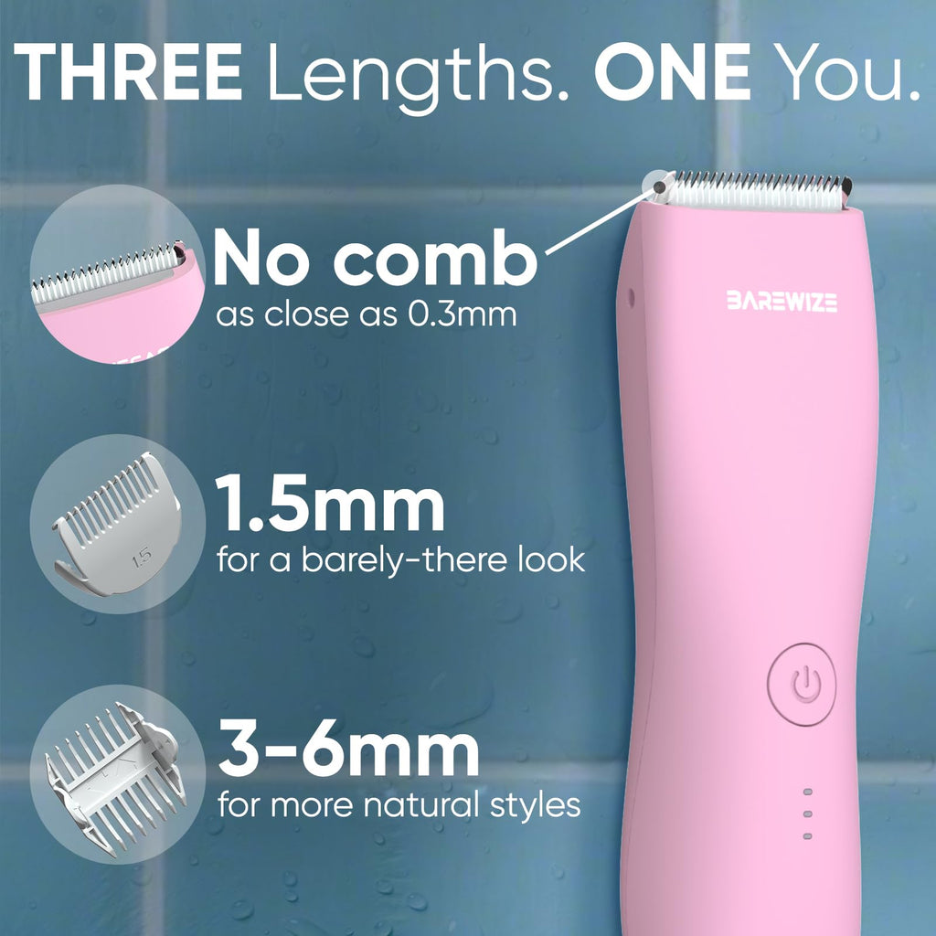 BAREWIZE Bikini Trimmer for Women, Pubic Hair Trimmer | Waterproof, USB-C Rechargeable, LED Light, Replaceable Blade | Electric Razors for Women, Electric Lady Shaver (Rose)
