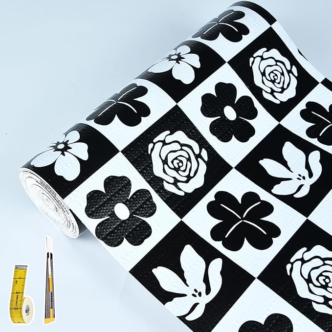 Drawer and Shelf Liner for Kitchen Cabinet,Non Adhesive Anti-Slip Double Layer PVC Waterproof Easy Clean for Dresser Bathroom Refrigerator with Knife Tape Measure(12 in X 20 Ft Black & White Flowers)