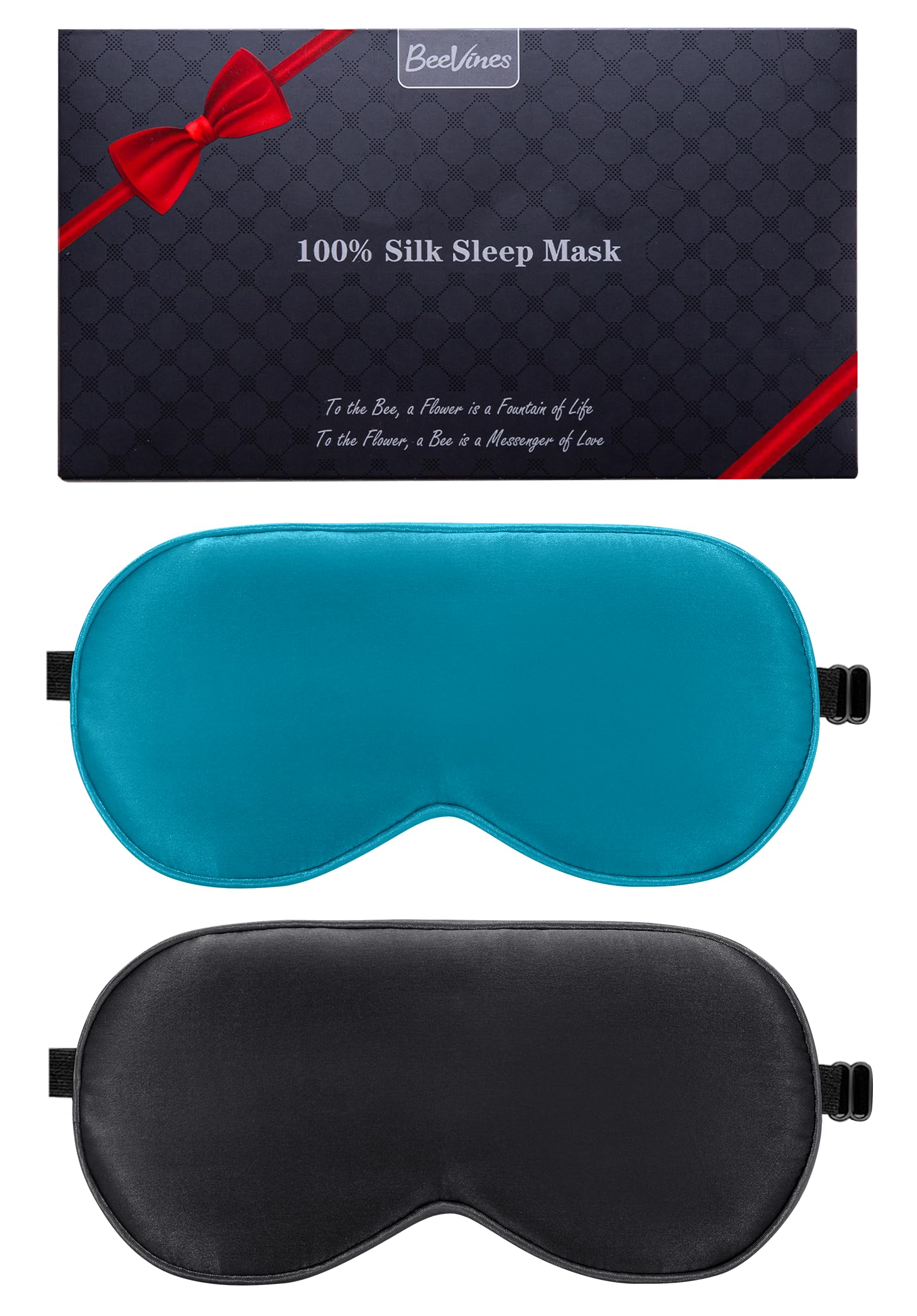 BeeVines 100% Real Mulberry Silk 2 Pack Sleep Mask, Pure Silk Eye Masks with Adjustable Strap for Sleeping, Block Light Eye Shade Cover, Reduces Puffy Eyes Traveling Gifts(Black & Peacock Blue)