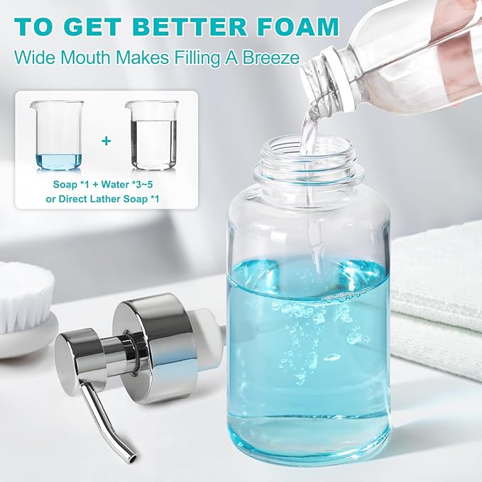 RACOBOT Foaming Soap Dispenser, 14.1 oz/400ml Foaming Hand Soap Dispenser, 2 Pack Glass Foaming Dispenser for Bathroom & Kitchen, Clear Refillable Liquid Dispenser Bottle with Waterproof Labels
