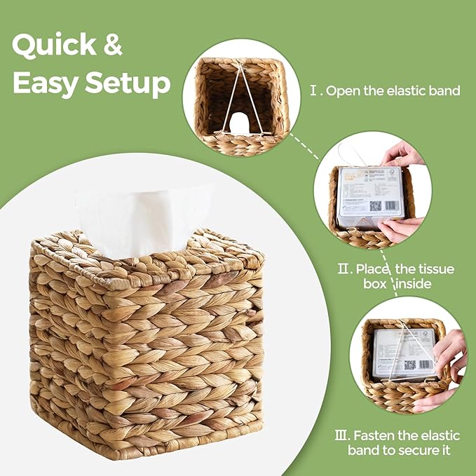 Tissue Box Cover, Square Wicker Tissue Box Holder Facial Tissues Boxes, Hand Woven Napkin Box Tissue Holder for Bathroom Bedroom Office Table Desk Night Stand, Boho Decorative, Natural