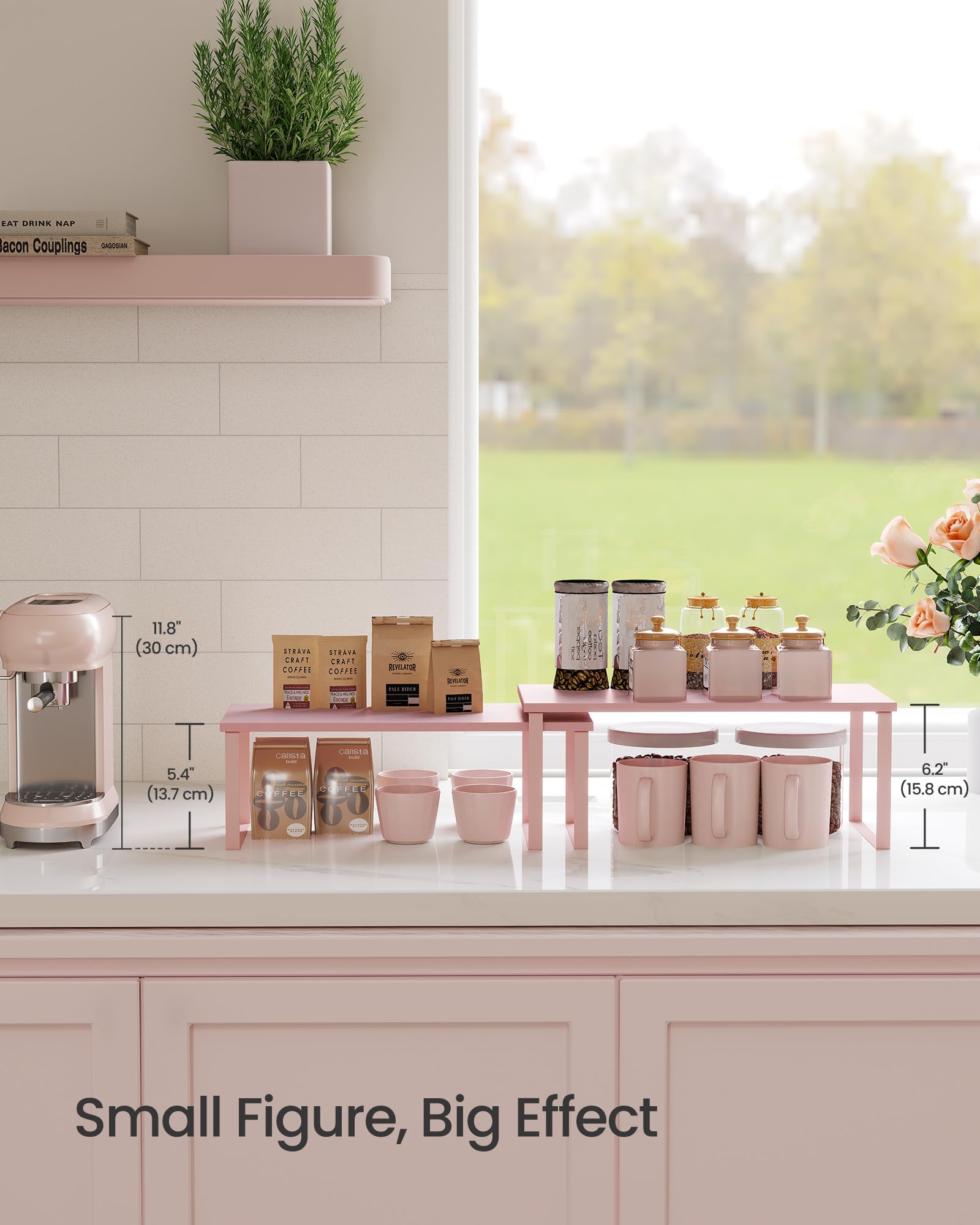 SONGMICS Cabinet Organizer Shelf, Set of 2 Kitchen Counter Shelves, Kitchen Storage, Spice Rack, Stackable, Expandable, Metal and Engineered Wood, 15.6 Inches, Jelly Pink UKCS025S01