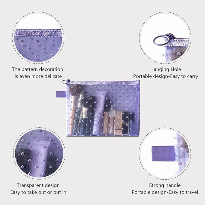 TRAKWAN 4-Piece Heart Printed Mesh Makeup Bag Set, Portable Travel Cosmetic Bags Toiletry Bags Makeup Purse Bags Zipper Storage Pouches for Home Offices Travel Accessories (Light Purple)