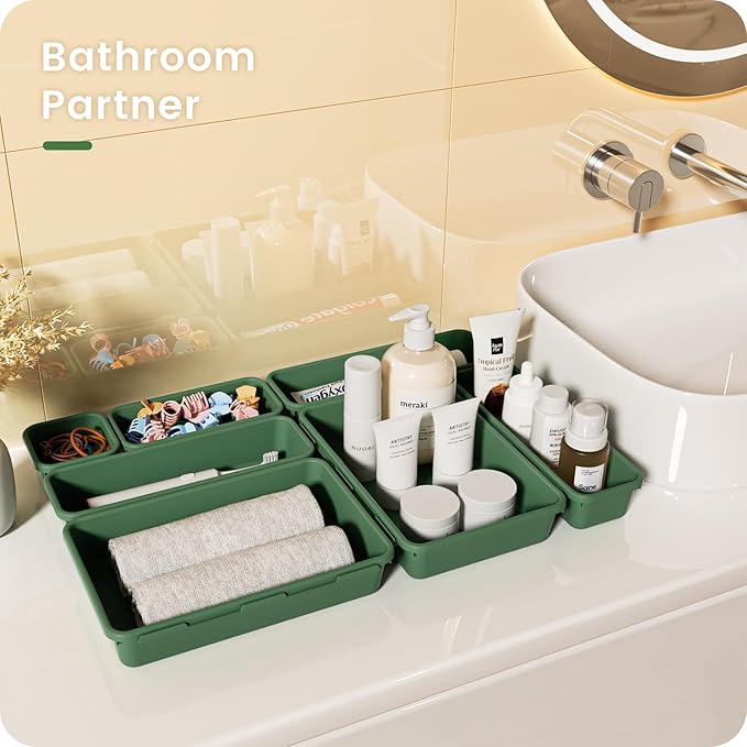 【Military Grade】A-LuGei Drawer Organizer,【𝟱𝗦𝗶𝘇𝗲】Makeup organizer,【Holds 177 Items】Bathroom Organizers and Storage,Organization and Storage,Desk Drawer Organizer for Vanity【Green】