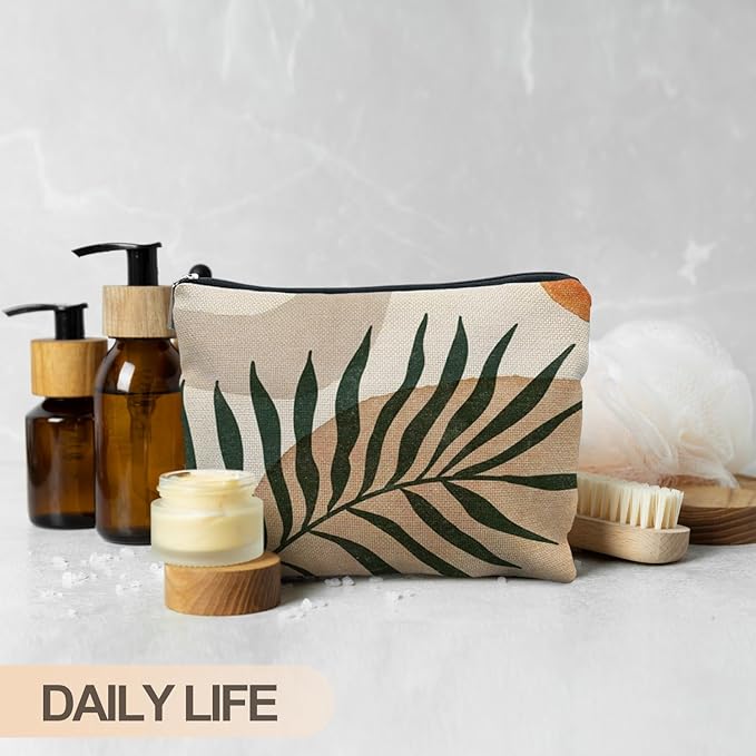RYYCDOI Abstract Boho Botanical Makeup Bag, Tropical Palm Leaf Cosmetic Bags for Women, Boho Gifts for Women, Minimalist Modern Plant Zipper Makeup Pouch