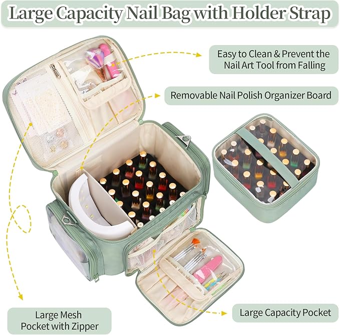 Bagmoly Nail Polish Organizer, Nail Polish Storage Holds 42+ Bottles & Nail Lamp, Portable Travel Nail Kit Storage Carrying Case Fits Nail Suppiles, Gift for Manicurist, Grils - Green