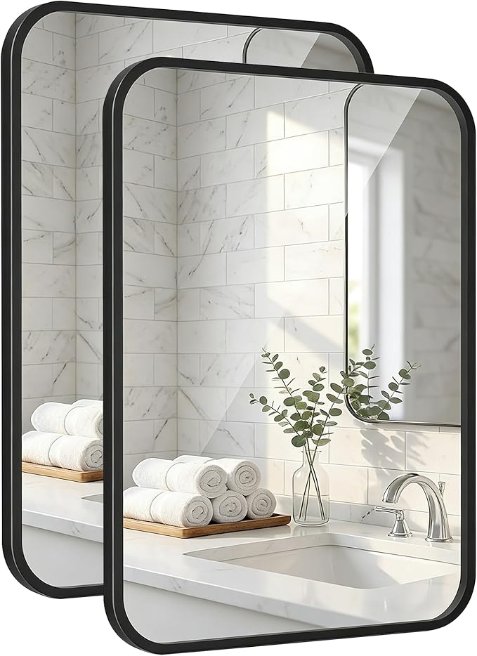 Pocetry 2-Pack 24x36 Inch Matte Black Rounded Rectangle Vanity Mirrors