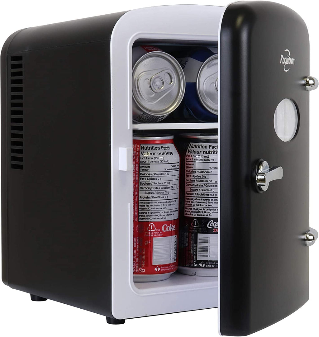 Koolatron Mini Fridge- Black Refrigerator 6 Can Portable Cooler for Bedroom Office Dorm Car Compact Fridge for Drinks Makeup Skincare Dual Power 12V 110V