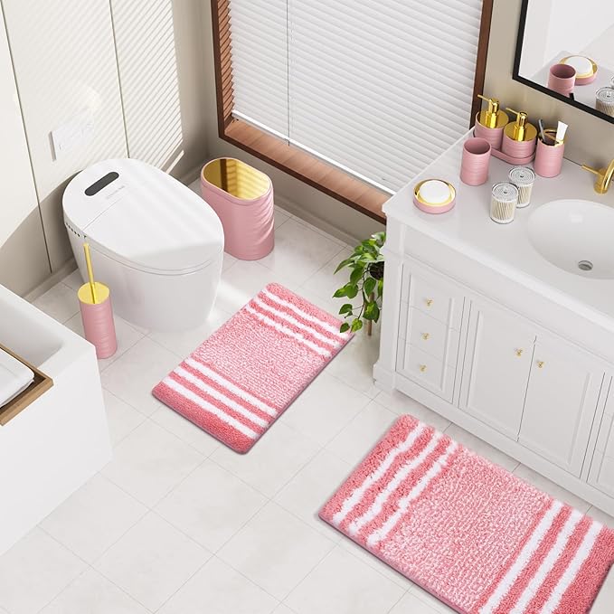 InnJoey Bathroom Set - Bathroom Sets with Shower Curtain and Rugs, 25PC Bathroom Accessory Set, Pink Bathroom Accessories Set with Trash Can, Soap Dispensers