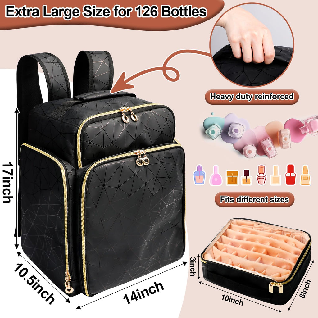 ahzske Nail Polish Organizer Backpack Holds 126 Bottles& Nail Lamp, Extra Large Nail Kit Supplies Organizer Bag with 3 Removable Cases, Portable Nail Organizers and Storage for Trave (Elegant Black)