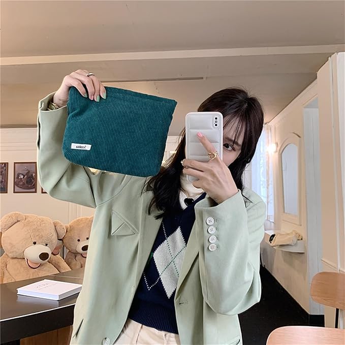 Gardsell Cosmetic Bags for Women - Corduroy Cosmetic Bag Aesthetic Women Handbags Purses Smile Dots Makeup Organizer Storage Makeup Bag Girls Case Bags (Pure Dark green)