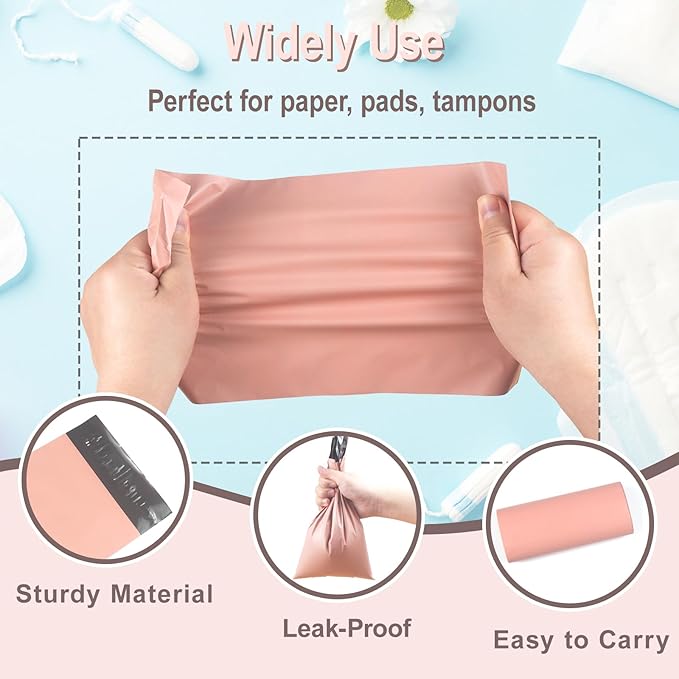 100 PCS Sanitary Napkin Disposal Bags, Feminine Hygiene Disposal Bags for Tampons and Pads, Block Odors, Self-Sealing Seals, 10.6 * 5.9 Inch (Pink)