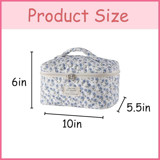 uekeboag Large Travel Quilted Makeup Bag for Women, Floral Cotton Cosmetic Bag, Coquette Aesthetic Floral Toiletry Organizer Bag(Little Blue Flower
