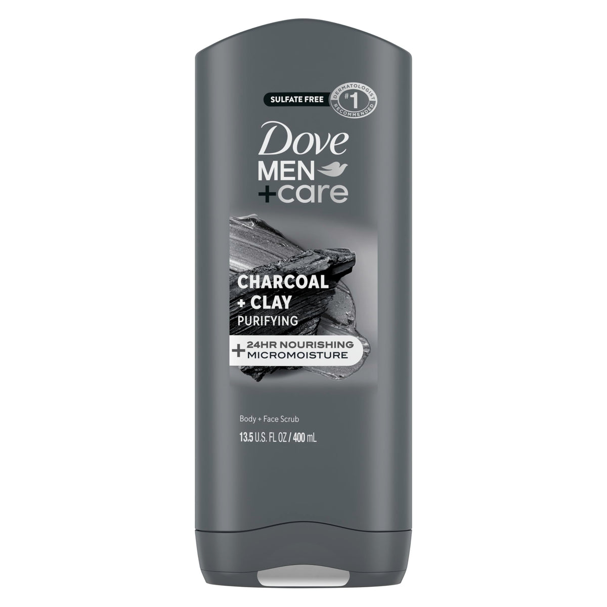 DOVE MEN + CARE Purifying Charcoal + Clay Body and Face Wash with 24-Hour Nourishing Micromoisture Technology Body Wash for Men, 13.5 oz