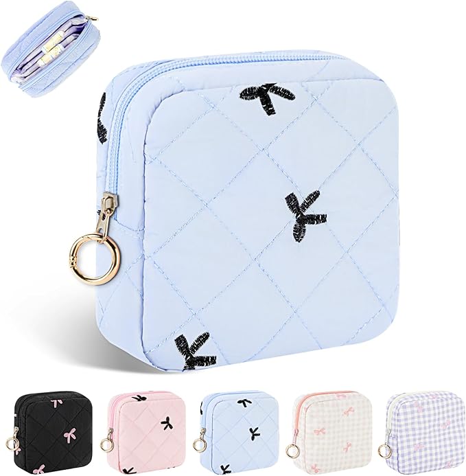 Playexen Period Bag for Teen Girls, Quilted Sanitary Napkin Storage Bag, Cute Bow Tie Menstrual Pad Pouch Tampon Holder (Blue)