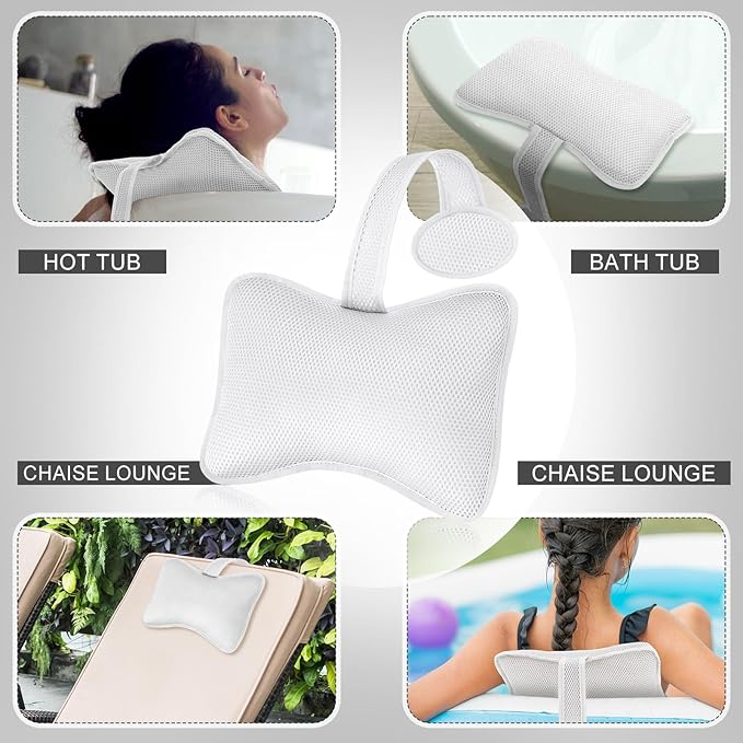 2 Pcs Hot Tub Spa Pillows for Outdoor Indoor Inflatable Bathtub 10.62 x 8.26 Inch Universal Hot Tub Accessories Patio Lounge Chair Headrest Neck Support with Adjustable Hook for Spa Bathtub (White)