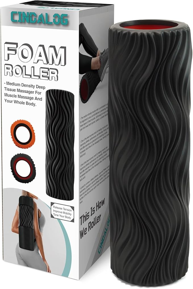 CINDALOG Foam Roller, 15" High Density Foam Back Roller, Wave Textured Massage Roller for Deep Muscle Massage Pilates Yoga,Fitness Exercise Roller for Whole Body Release(Black)