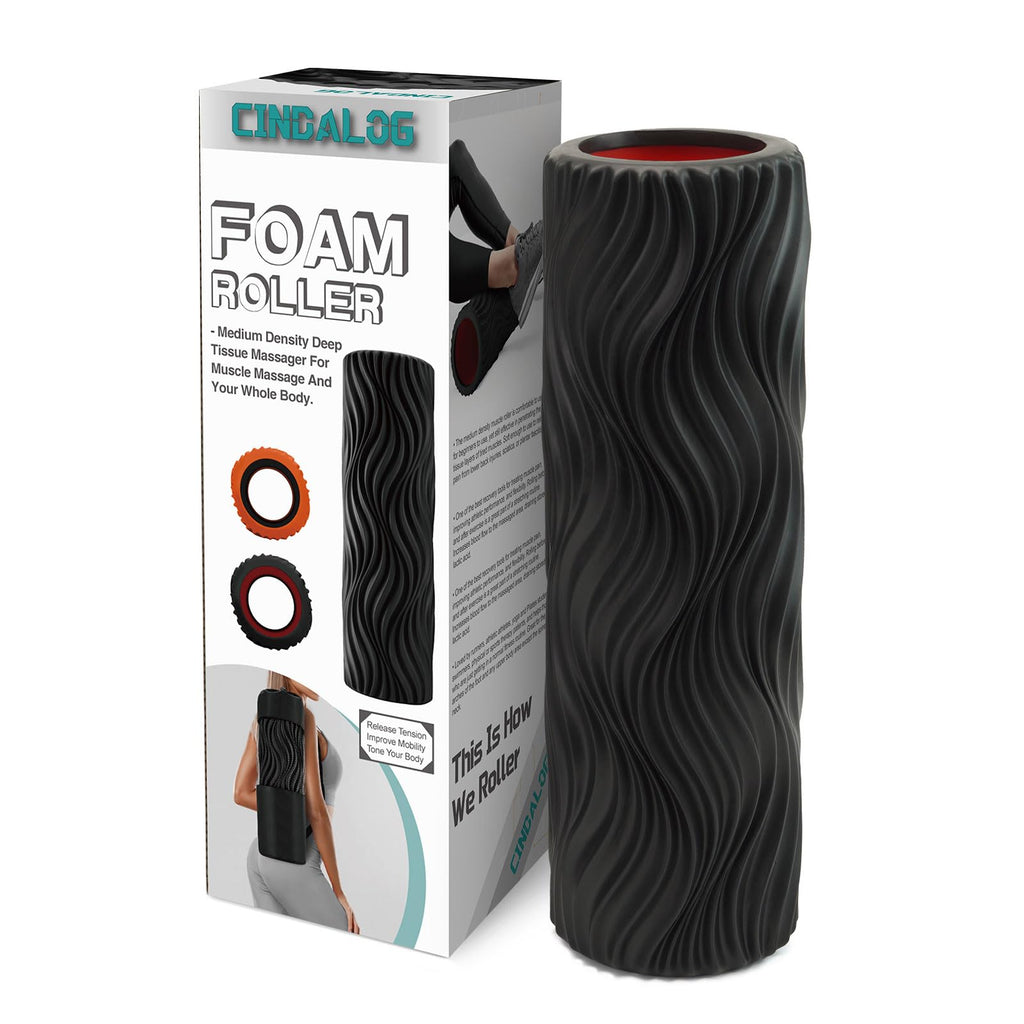 CINDALOG Foam Roller, 15" High Density Foam Back Roller, Wave Textured Massage Roller for Deep Muscle Massage Pilates Yoga,Fitness Exercise Roller for Whole Body Release(Black)