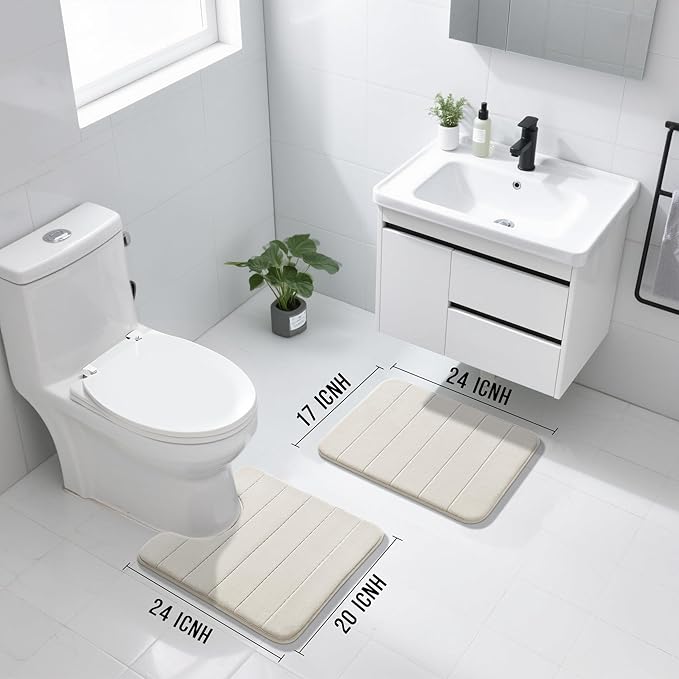 Yimobra U-Shaped Toilet Bath Mat Set 2 Piece - Soft Absorbent Quick Dry Memory Foam Bathroom Rugs, Machine Washable Non Slip Floor Carpet for Tub Shower & Single Sink (17x24 & 24x20, Cream White)