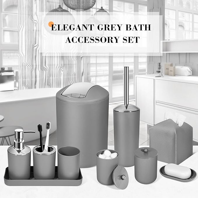 ALPIRIRAL Grey Bathroom Accessories Set, 10Pcs Bathroom Accessory Set with Trash Can, Soap Dispenser and Toothbrush Holder, Soap Dish, Cotton Ball & Qtip Holder, Toilet Brush Holder, Tissue Box Cover