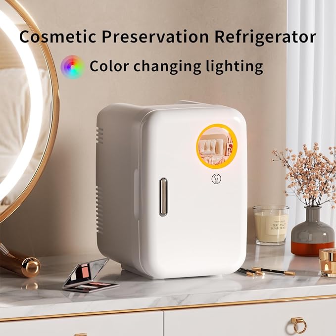 JrostKault Mini Fridge for Bedroom, 4L/6 Cans Small Cosmetic Fridge for Skincare, Makeup & Drink, With LED Light Mirror, Portable Desk Fridge Cooler and Warmer for Kids, Car, Office, Dorm, White