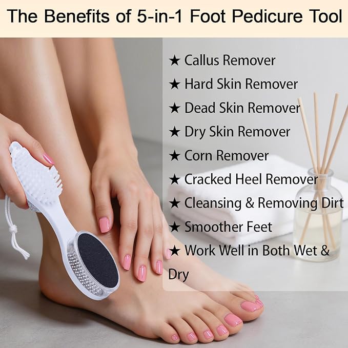 Foot Scrubber Brush with Pumice Stone for Feet 5-in-1, 2Pcs Foot File Callus Remover, Stainless Steel Feet Scraper, Cleaning Brush & Sand Paper Debris Catcher, Multi Purpose Home Foot Care, Cyan White