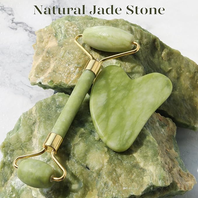 BAIMEI IcyMe Gua Sha & Jade Roller Facial Tools Face Roller and Gua Sha Set for Puffiness and Redness Reducing Skin Care Routine, Self Care for Men Women - Green