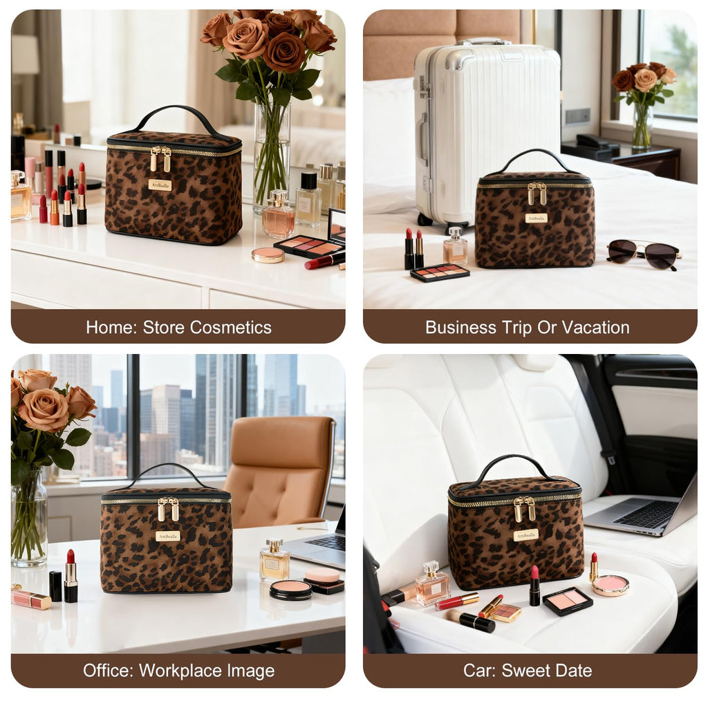 AmBealla Large Makeup Travel Bag Cosmetic Bags with Makeup Mirror and Brush Holder,Makeup Organizer Leopard Print for Women,Portable Toiletry Bag for Fashion Girls