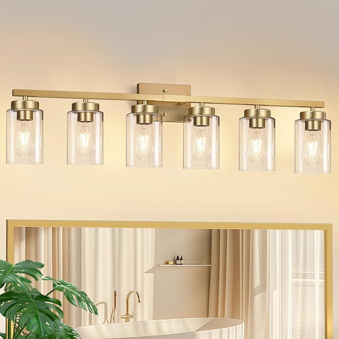 IZORRO Modern Bathroom Light Fixtures, 6 Light Gold Vanity Lights, Bathroom Lightig Fixtures Over Mirror with Clear Glass for Living Room Cabinet