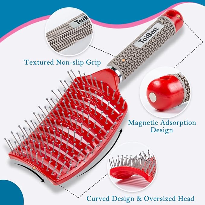 TaiBest Boar Bristle Hair Brush Set - Dry/Wet Hair Brush Detangler for Fine, Thick, Curly Hair - Curved and Vented Hair Brush for Women, Men or Kids