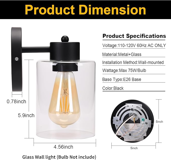 Black Bathroom Wall Sconces: Vanity Fixtures with Clear Glass Shade, E26 Base Hardwired Farmhouse Wall Lights for Bedroom Living Room Bathroom (Bulb not Included)