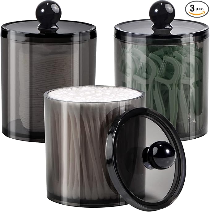 SheeChung 3 Pack Qtip Holder,Apothecary Jars with Lids, Cotton Round Holder with Labels,Minimalist Shatterproof Bathroom Organizer Set for Cotton Swabs,Balls,Pads,Bathroom Accessories (Black)