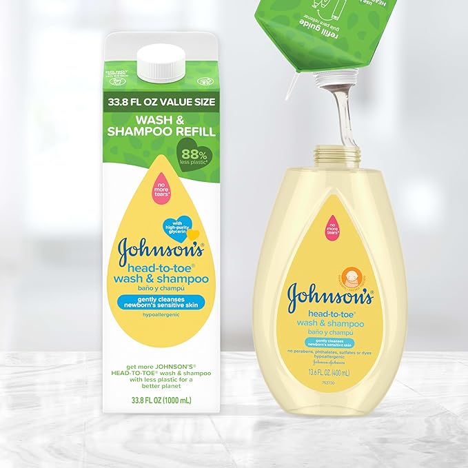 Johnson's Baby Head-To-Toe Gentle Baby Body Wash & Shampoo, Tear-Free & Hypoallergenic Baby Body Wash & Shampoo for Newborn’s Sensitive Skin & Hair, Value Size Wash Refill, 33.8 fl. oz