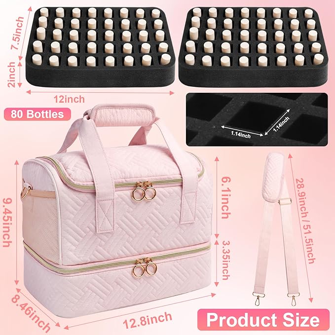 Veirdro Nail Polish Organizer Bag Holds 80 Bottles (15ml/0.5fl.oz)& Nail Lamp, Soft Velvet Nail Kit Storage Carrying Case with Shoulder Strap, Double Layer Nail Supplies Organizer Handbag Women (Pink)