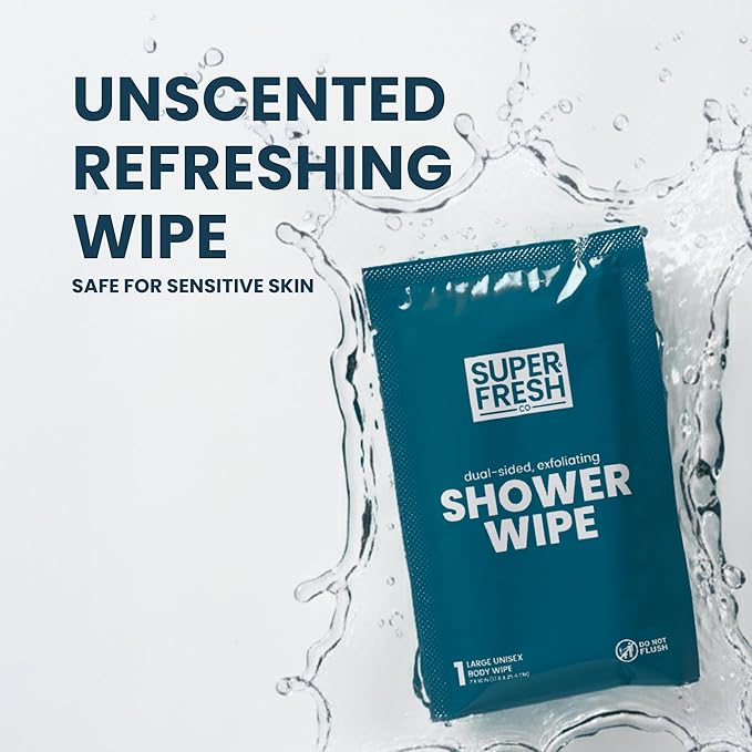 Super Fresh Shower Body Wipes, Travel Essentials for Camping, Large Unscented for Adults, Women, Men, Kids Personal Hygiene Cloth Enriched with Aloe and Vitamin E, Individually Wrapped 10 Pack