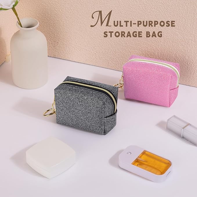 Playexen Mini Makeup Bag, Small Glitter Cosmetic Bag for Purse with Ring Buckle, Portable XS Travel Makeup Pouch for Girls Women Daily Use (Purple)