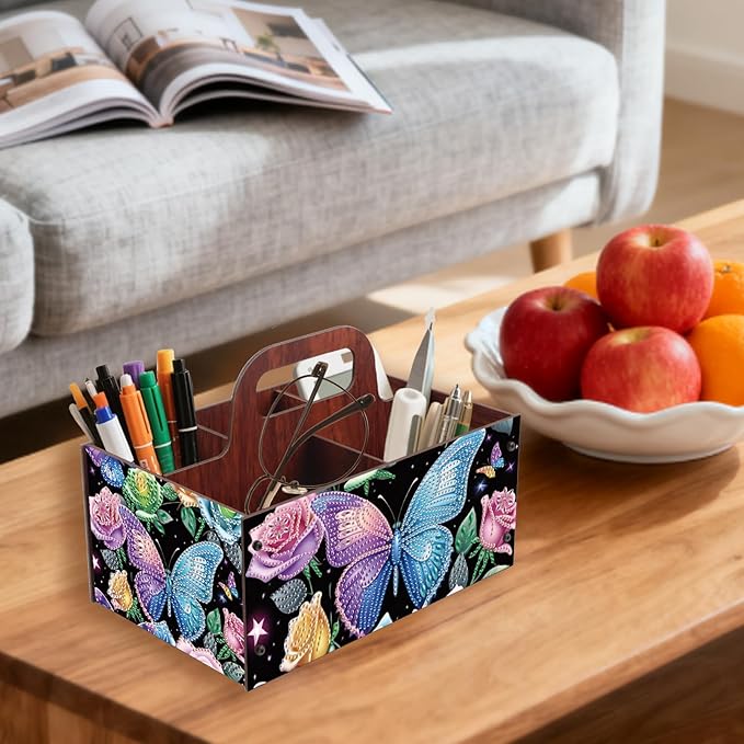 JZHYOAN DIY Flower Diamond Art Wooden Multi-Compartment Organiser Box with Handle Diamond Painting Cosmetic Storage Box for Adult Portable Wooden Storage Case for Storing Desktop Items