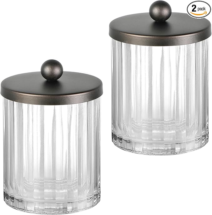 Amolliar Apothecary Jars Bathroom Vanity Storage Organizer Set, Countertop Canister with Stainless Steel Lid & Cute Stickers, Qtip Holder Dispenser for Cotton Swabs, Balls, Makeup Pads(Bronze, 2 Pack)