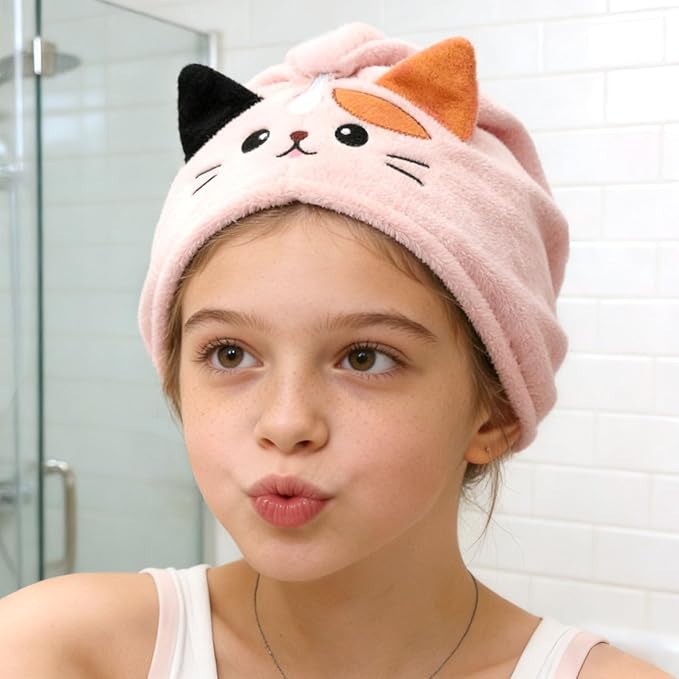 2Pack Microfiber Hair Towel Wrap for Kids, Cute Cat Absorbent Hair Drying Turbans Head Towels for Women Girls (Gray and Light Pink Cat)