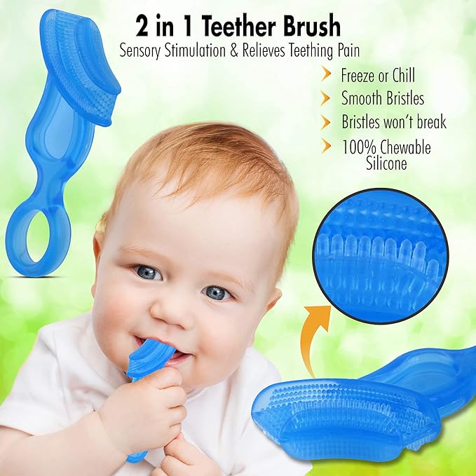 Brilliant Baby’s First Toothbrush & Teether - Dentist Recommended, Freezer-Safe Silicone for Ages 4+ Months, Teething Relief + Dental Care, Dishwasher Safe, Blue