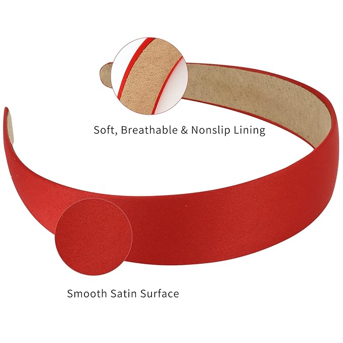 Wecoe 10 Pack Red Headband Women 1 Inch Wide Satin Headbands Non Slip Fashion Plain Head Bands Solid Hair Bands DIY Hair Accessories for Women Girls Diademas Para Mujer