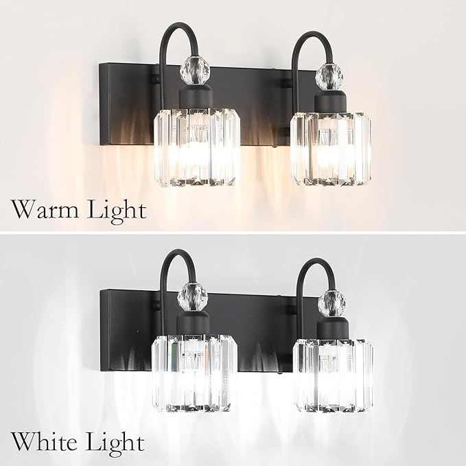 Ralbay Modern Vanity Lights - 2-Light Black Crystal Bathroom Wall Fixtures