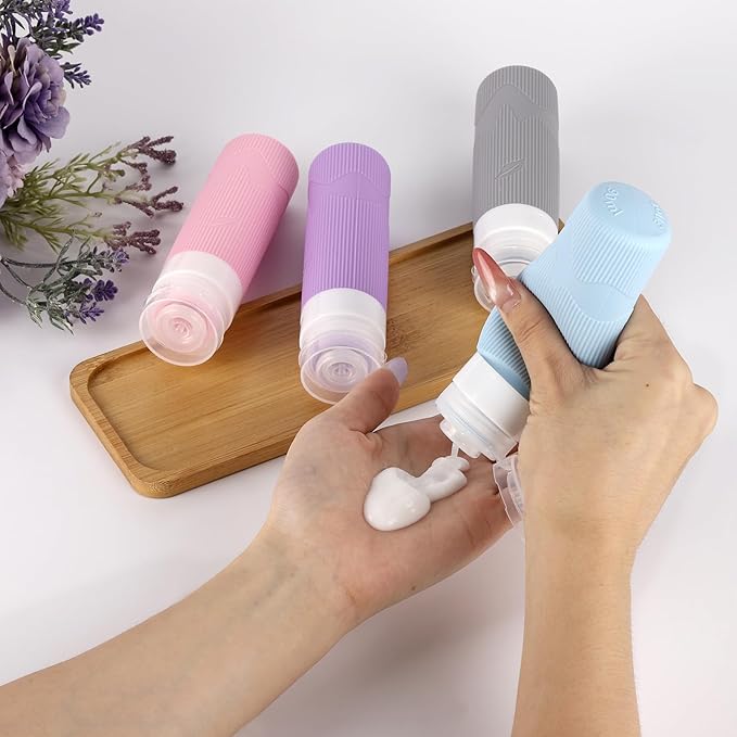 Tbestmax 12 Pack Travel Toiletry Bottles - 3oz Leakproof Silicone Containers, Refillable Travel Accessories for Shampoo, Conditioner, Lotion, 4 Colors