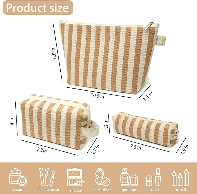 Beayuva 3 Pcs Makeup Bag Set Striped Canvas Purse Cosmetic Bag For Women Travel Toiletry Pouch Organizer pencil case (Khaki-White)